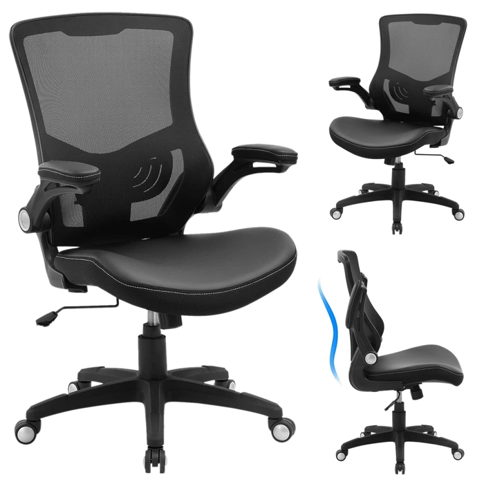 Ergonomic Office Chair with PU Leather Seat, Mesh Back, Adjustable Lumbar, Flip-up Arms