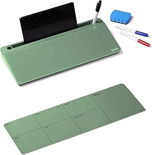 Birch Small Desktop Glass Whiteboard & Magnetic Calendar – Dry Erase Desk Pad Keyboard Stand with Storage, Adjustable Dividers, 3 Markers & Eraser – Office, Home & School (Moss)