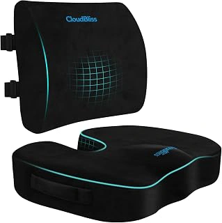 CloudBliss Large Ergonomic Seat & Lumbar Support Set with Memory Foam, Black