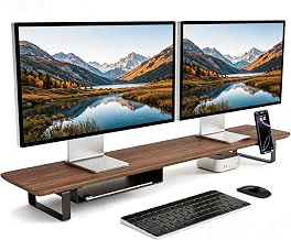 muso wood 45 Inch Wooden Dual Monitor Stand with Storage Shelf, Walnut