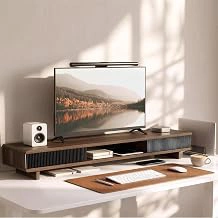 UniAbode 42.5" Wooden Dual Monitor Stand with Storage & Acrylic Wave Sliding Door, Walnut