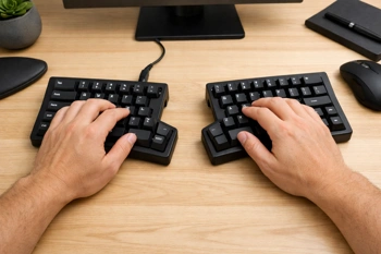 Four split mechanical keyboards that address wrist pronation through separation, tenting, and adjustable positioning.