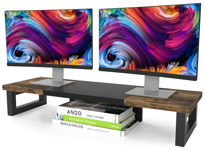 WESTREE Rustic Brown Wood and Steel Dual Monitor Stand Riser