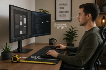 Calculate the desk depth you need to position dual 27-inch monitors at a comfortable viewing distance.