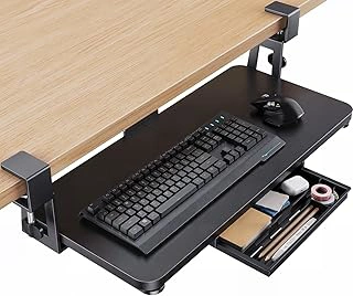 HUANUO Large Under Desk Keyboard Tray, C-Clamp Mount, 26x12 inch, Storage Drawer, Black