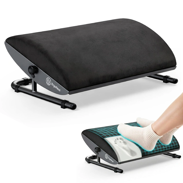 Under Desk Foot Rest – Adjustable Ergonomic Foot Rest with Steel Frame & Memory Foam Cushion, Soft Velour Finish for Superior Comfort, Designed to Improve Posture & Relieve Leg Pressure - ErgoNest™