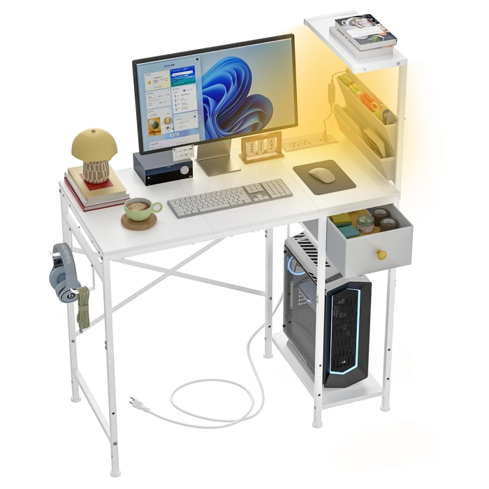 Jakyitvi 33.7" Computer Gaming Desk with LED Lights, Drawer, White