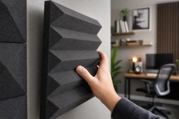 Step-by-step instructions for placing and installing acoustic foam to reduce noise bleed in shared home spaces.