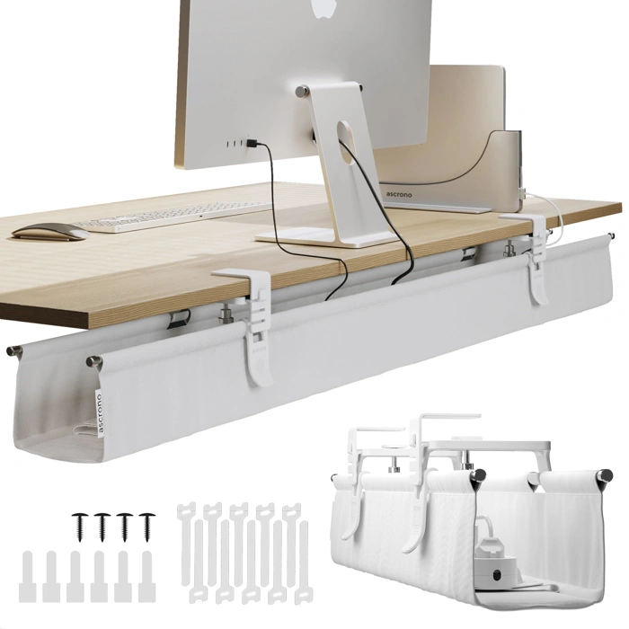Ascrono Original No Drill Under Desk Cable Management Tray - Premium White Fabric Extra Large